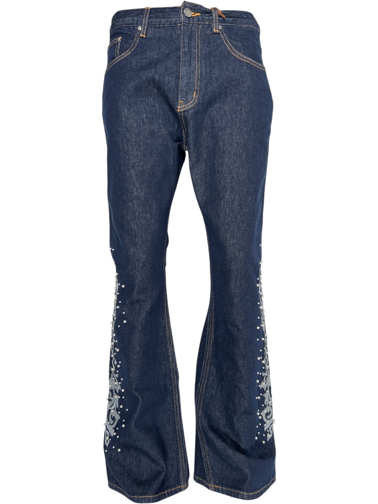 BIRTH OF ROYAL CHILD Only The Blind BC25SSPT22 Raw Pearl Flared Jeans Blue feature dark blue raw denim with decorative white embroidery and patterns on the lower legs for a stylish, standout look.
