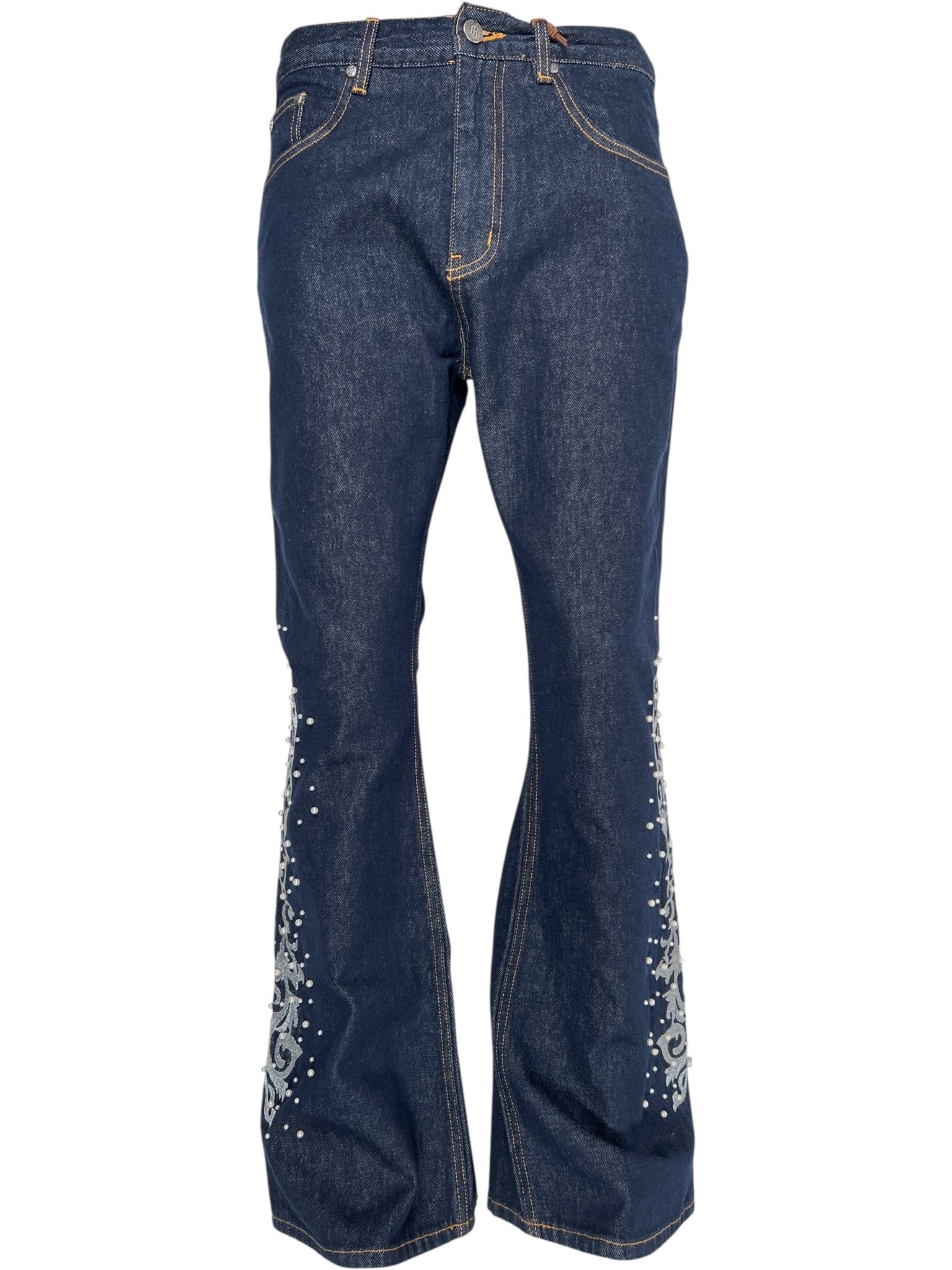 BIRTH OF ROYAL CHILD Only The Blind BC25SSPT22 Raw Pearl Flared Jeans Blue feature dark blue raw denim with decorative white embroidery and patterns on the lower legs for a stylish, standout look.