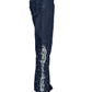 The BIRTH OF ROYAL CHILD Only The Blind BC25SSPT22 Raw Pearl Flared Jeans Blue feature dark blue raw denim, white embroidery, and small studs along the outer side seam.