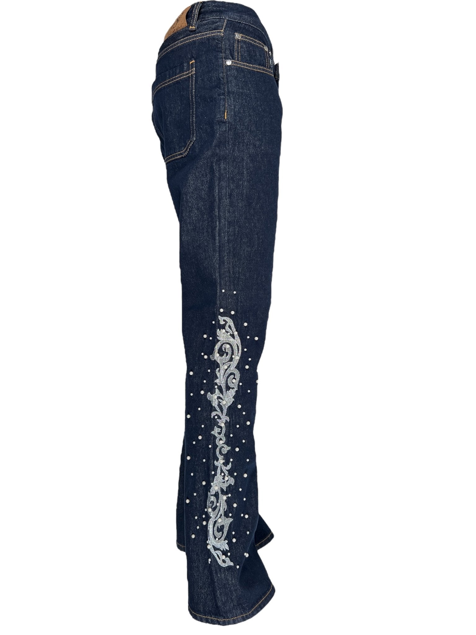 The BIRTH OF ROYAL CHILD Only The Blind BC25SSPT22 Raw Pearl Flared Jeans Blue feature dark blue raw denim, white embroidery, and small studs along the outer side seam.