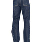 Back view of BIRTH OF ROYAL CHILD Only The Blind BC25SSPT22 Raw Pearl Flared Jeans in blue raw denim, featuring contrast stitching and decorative elements along the outer side seams.