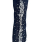 Close-up of BIRTH OF ROYAL CHILD Only The Blind BC25SSPT22 Raw Pearl Flared Jeans in Blue, featuring vertical ornate white embroidery and scattered pearl-like embellishments.