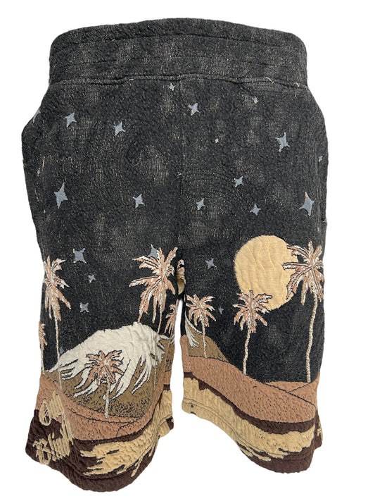 Embroidered denim shorts featuring a nighttime beach scene with palm trees, stars, and a full moon in a sleek black design from ONLY THE BLIND OTB-BS1328 SEPIA MOUNTAIN JACQUARD SHORTS BLK brand.