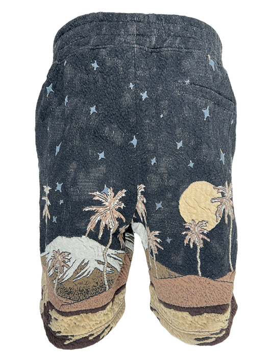 A pair of ONLY THE BLIND OTB-BS1328 SEPIA MOUNTAIN JACQUARD SHORTS BLK with a sleek black design on it.