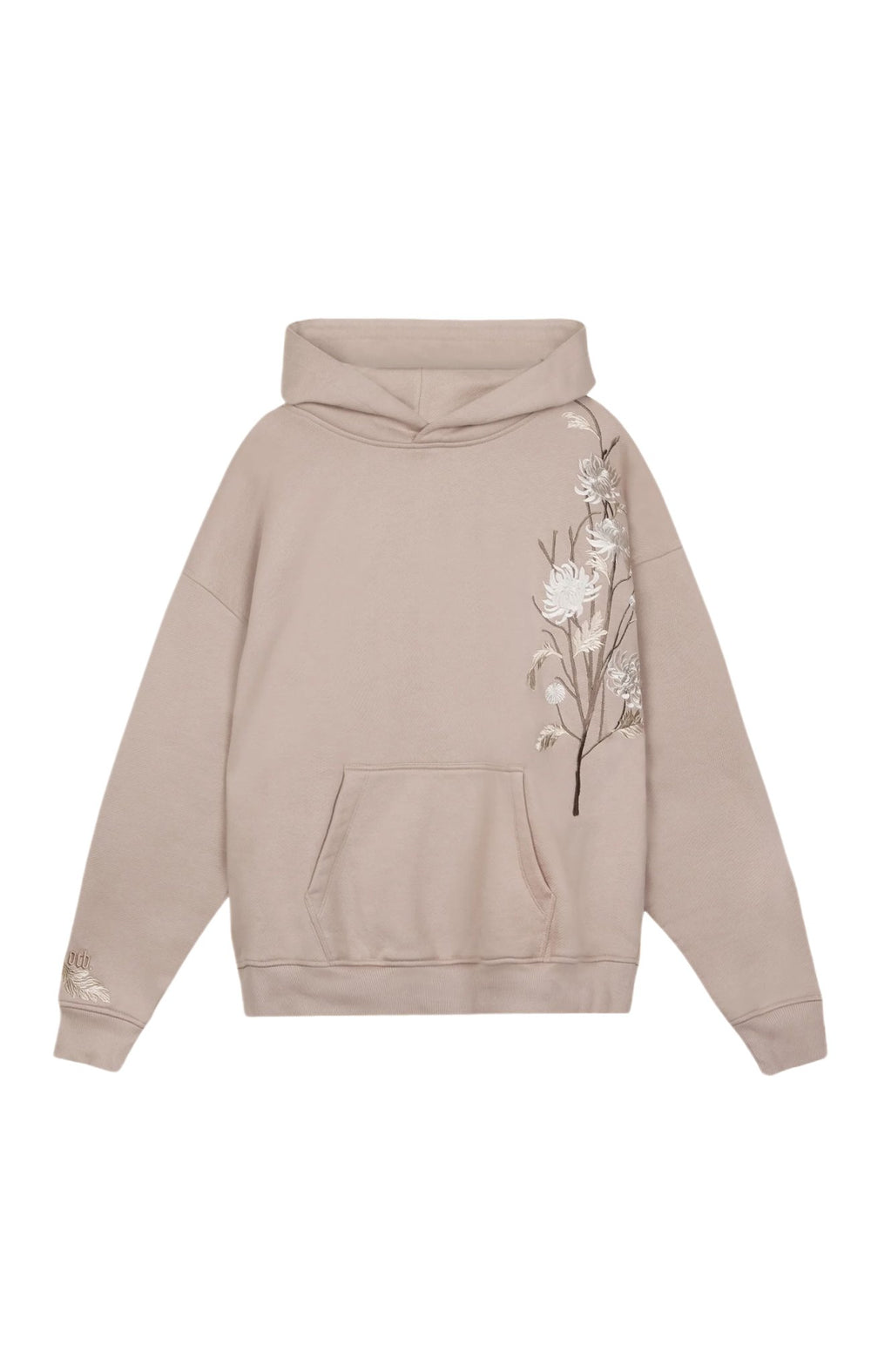 The Only The Blind OTB-H1033 Ogiku Embroidered Hood by ONLY THE BLIND is a beige heavyweight cotton hoodie adorned with an embroidered blossom design on the right side, complete with a front pocket and hood, ideal for enhancing your summer shade collection.