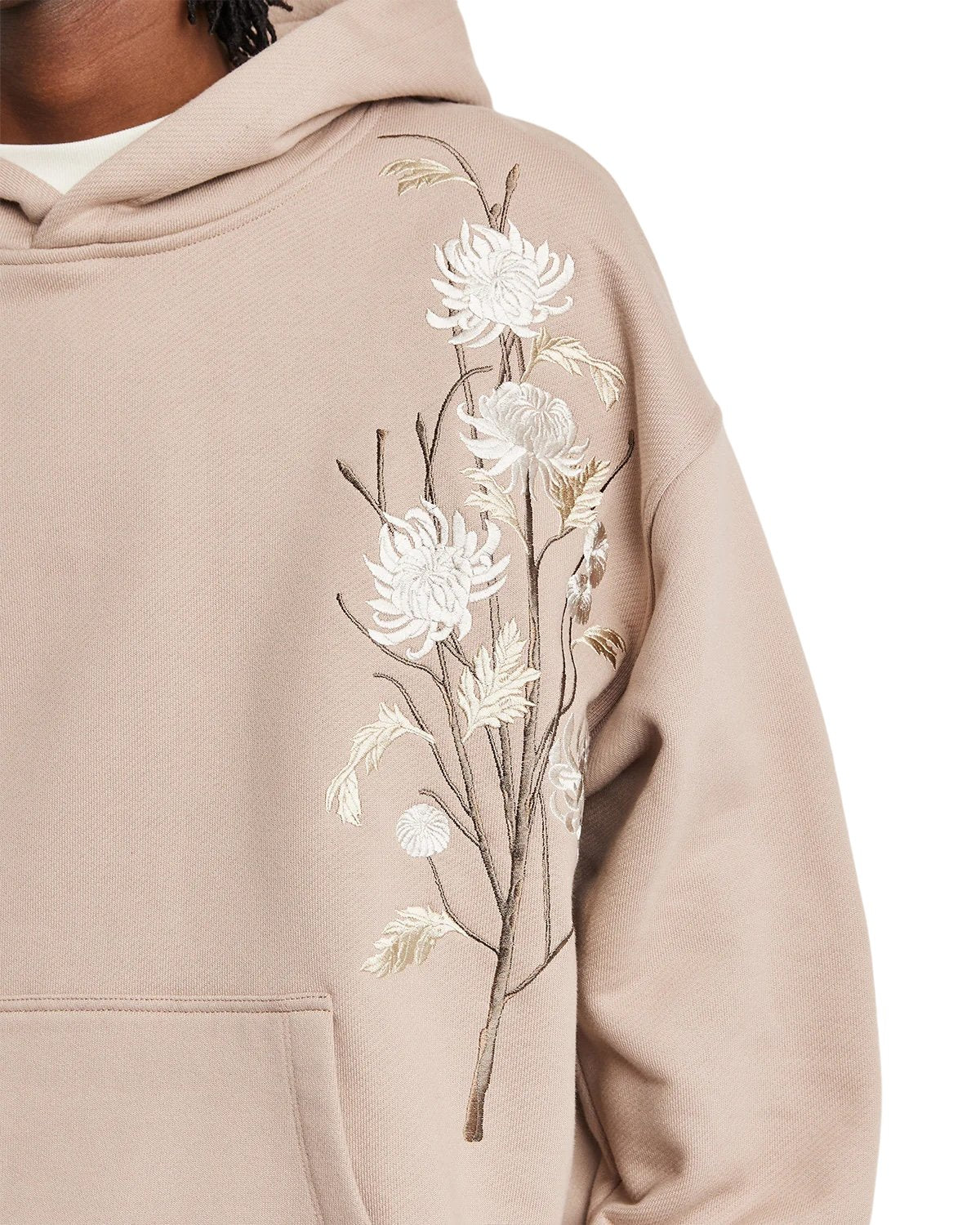 The Only The Blind OTB-H1033 Ogiku Embroidered Hood by ONLY THE BLIND is a heavyweight cotton hoodie in a soft beige hue, featuring a delicate white embroidered blossom design on the side.