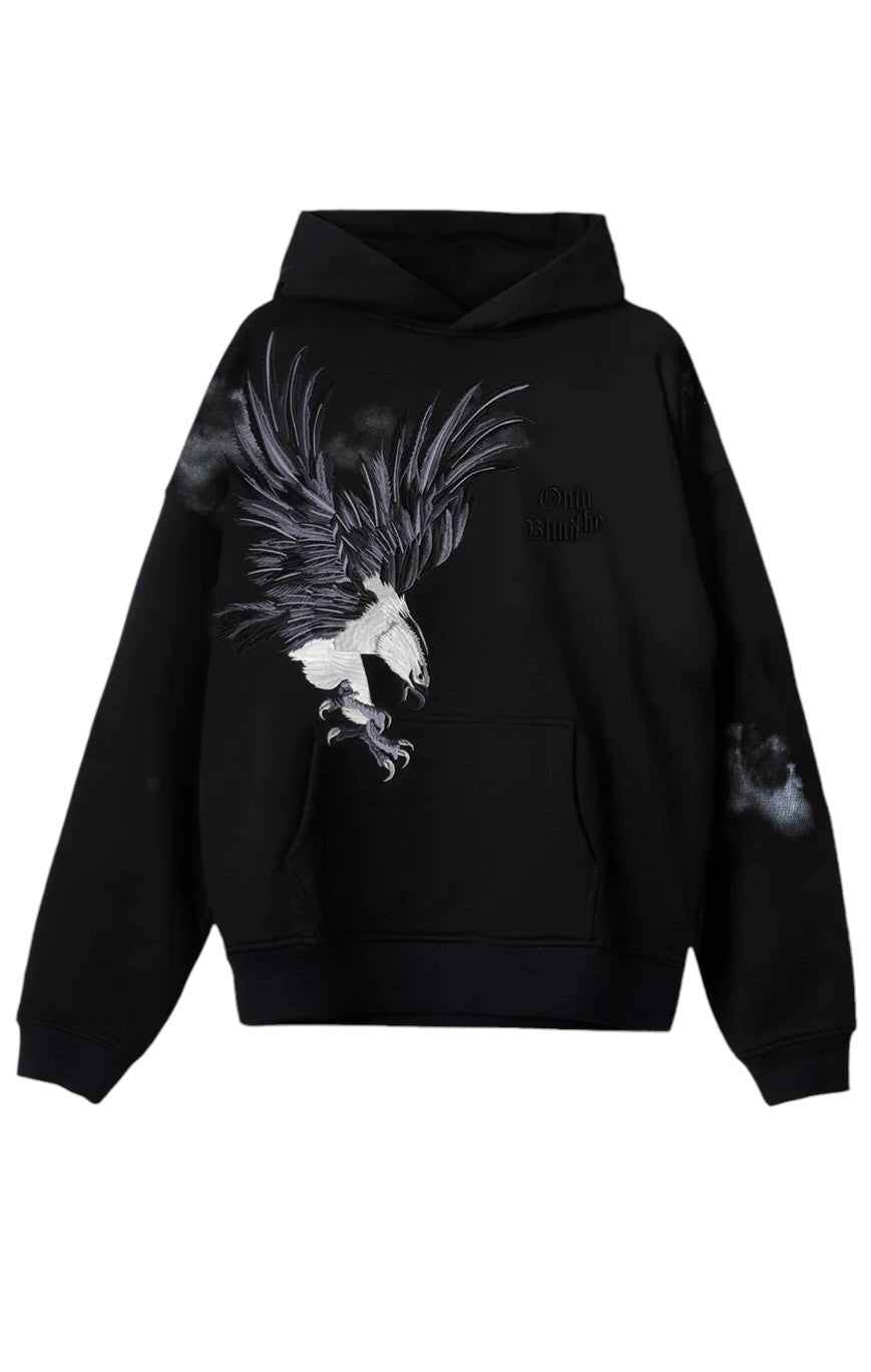 Introducing the Only The Blind OTB-H1355 Midnight Hawk Hoodie Blk: a black hoodie with an intricate eagle embroidery, crafted from GOTS® Certified Organic Cotton for ultimate comfort and sustainability.