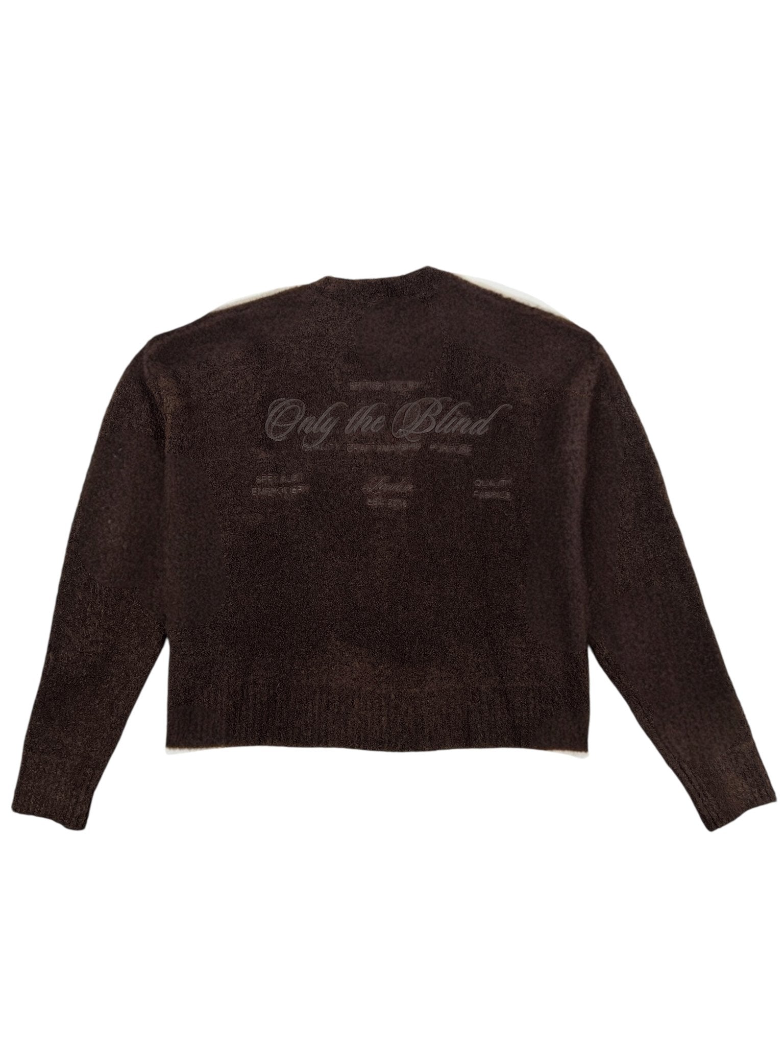 A brown long-sleeve cardigan by ONLY THE BLIND, style OTB-K1629, laid flat and featuring “Only The Blind” text plus small writing on the back. Also known as the Brown Studio Dept. Cardigan.