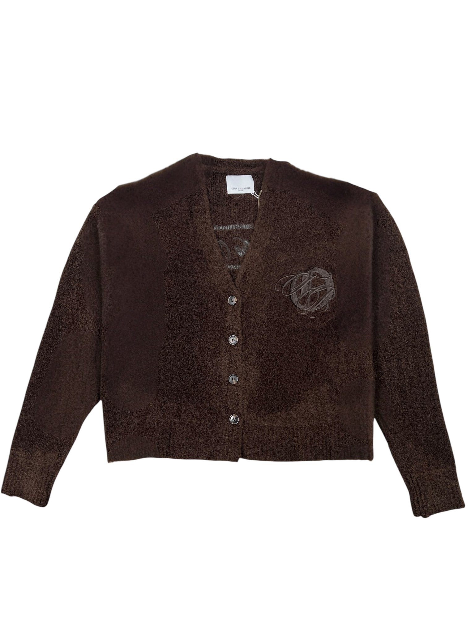 The Only The Blind OTB-K1629 Brown Studio Dept. Cardigan features long sleeves, a button-up front, subtle chest embroidery, and signature details from ONLY THE BLIND.