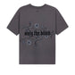 The ONLY THE BLIND OTB-T1383 Wildflower T-shirt Purple showcases exquisite blackberry floral embroidery and "only the blind" in black Gothic font on the back, crafted from soft organic cotton for a comfortable, eco-friendly fit.