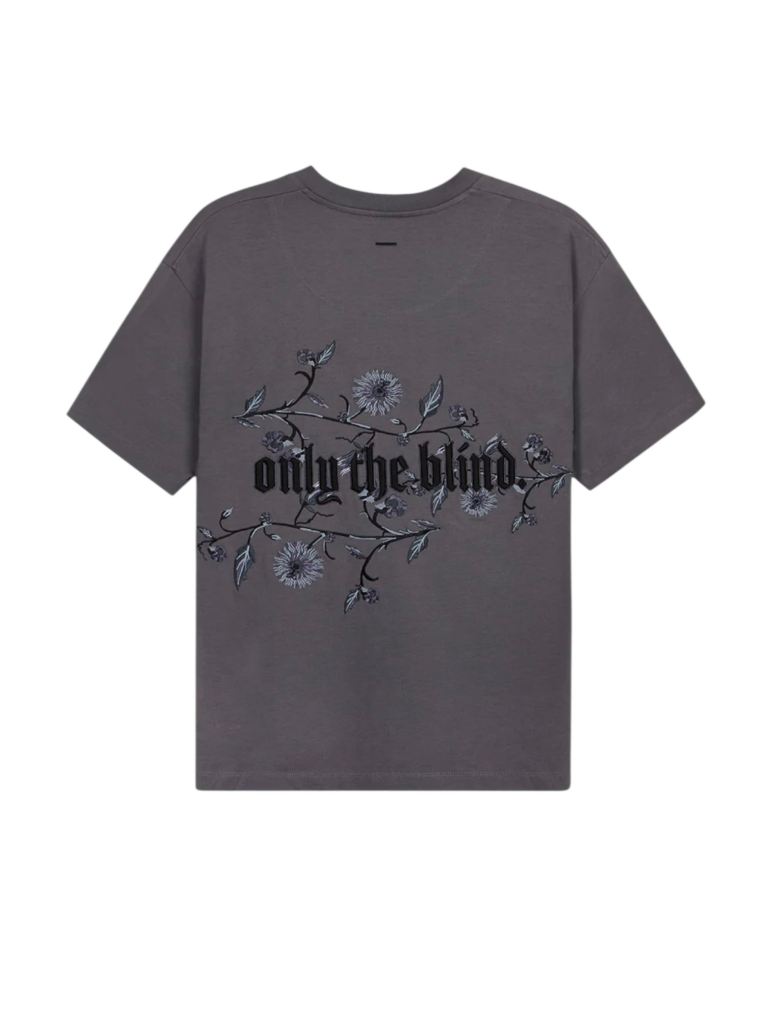 The ONLY THE BLIND OTB-T1383 Wildflower T-shirt Purple showcases exquisite blackberry floral embroidery and "only the blind" in black Gothic font on the back, crafted from soft organic cotton for a comfortable, eco-friendly fit.