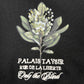 The ONLY THE BLIND OTB-T1472 Botanical T-shirt in black showcases an embroidered graphic of white flowers and leaves with "Palais Taysir, Rue de la Liberté, Only the Blind" text on soft organic cotton.