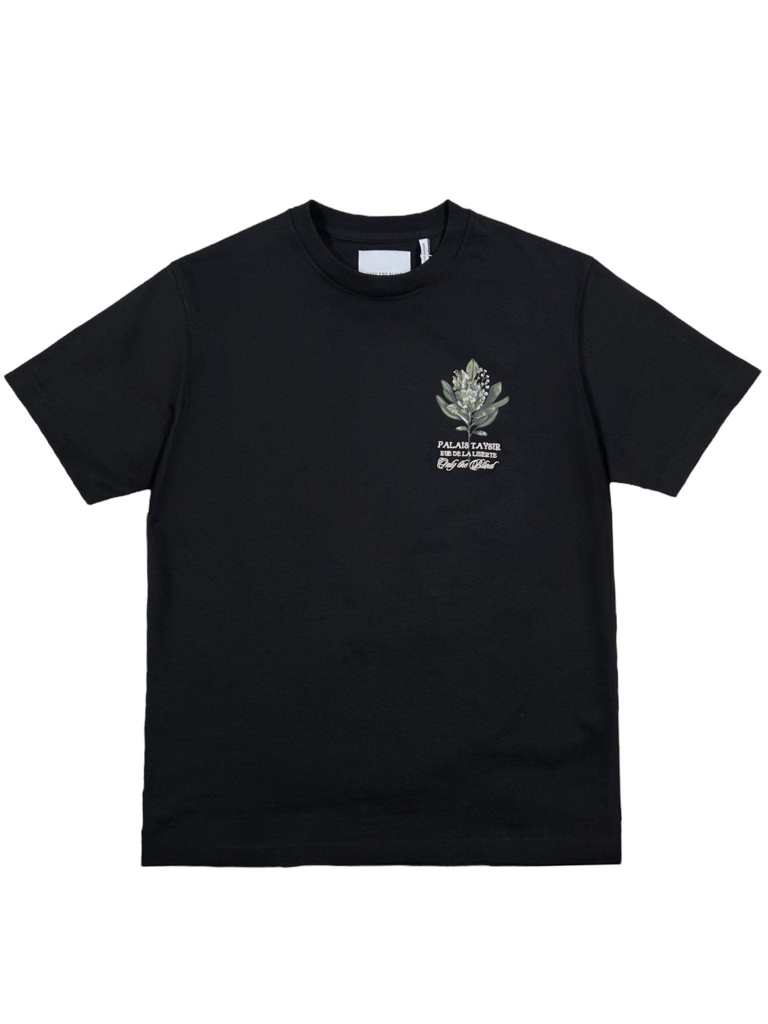 The ONLY THE BLIND OTB-T1472 Botanical T-shirt Black is made from organic cotton, featuring an embroidered plant graphic and text on the upper left against a white background.