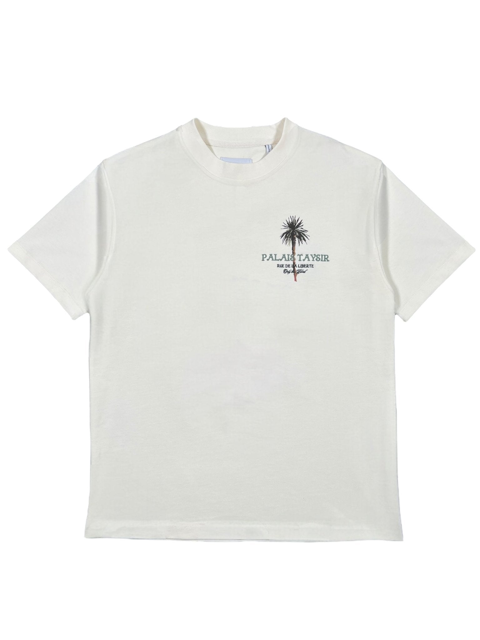 The Only The Blind OTB-T1486 Palais Taysir T-shirt Beige is an organic cotton short-sleeve tee featuring a small black embroidered palm tree and "PALAE TAYSIR" text on the left chest.