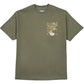 The ONLY THE BLIND Only The Blind OTB-T1589 Forbidden Forest T-shirt Green is a 100% cotton olive green tee featuring a small classical building and trees graphic on the left chest.