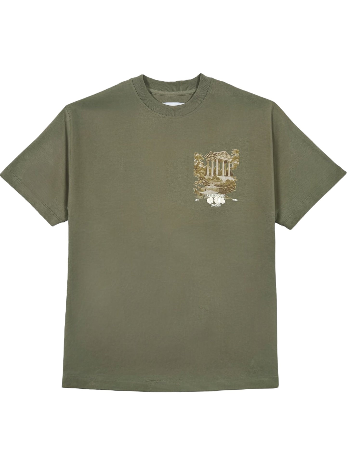 The ONLY THE BLIND Only The Blind OTB-T1589 Forbidden Forest T-shirt Green is a 100% cotton olive green tee featuring a small classical building and trees graphic on the left chest.