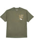 The ONLY THE BLIND Only The Blind OTB-T1589 Forbidden Forest T-shirt Green is a 100% cotton olive green tee featuring a small classical building and trees graphic on the left chest.