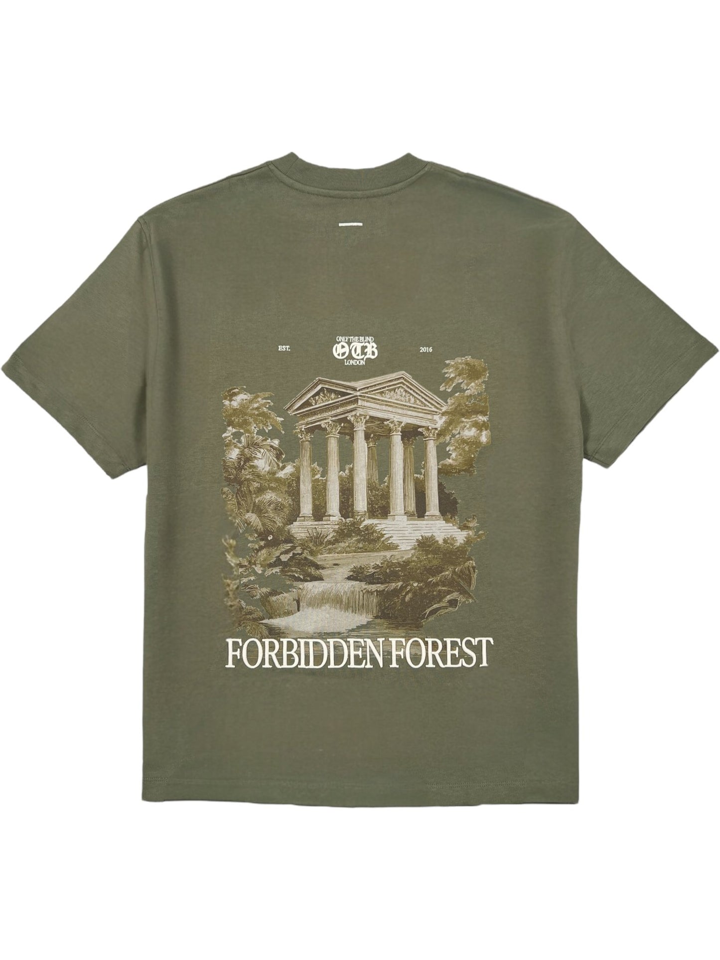 ONLY THE BLIND OTB-T1589 Forbidden Forest T-shirt Green features an ancient temple forest illustration with "FORBIDDEN FOREST" text below, crafted from 100% cotton for comfort and style.