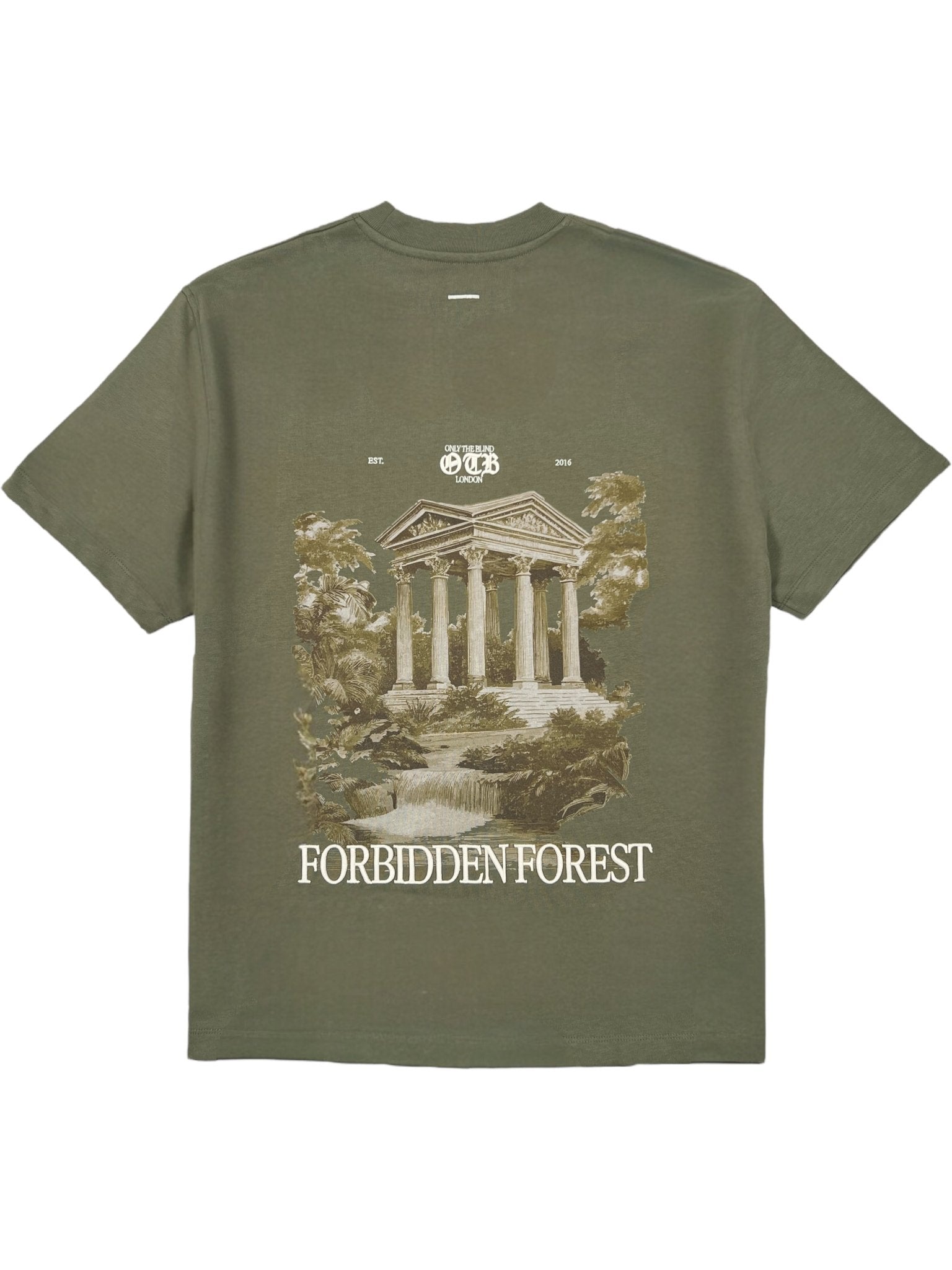 ONLY THE BLIND OTB-T1589 Forbidden Forest T-shirt Green features an ancient temple forest illustration with "FORBIDDEN FOREST" text below, crafted from 100% cotton for comfort and style.