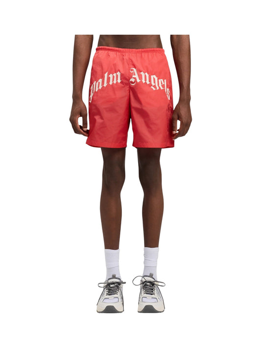 Palm Angels Curved Logo Swimshort Red Off White