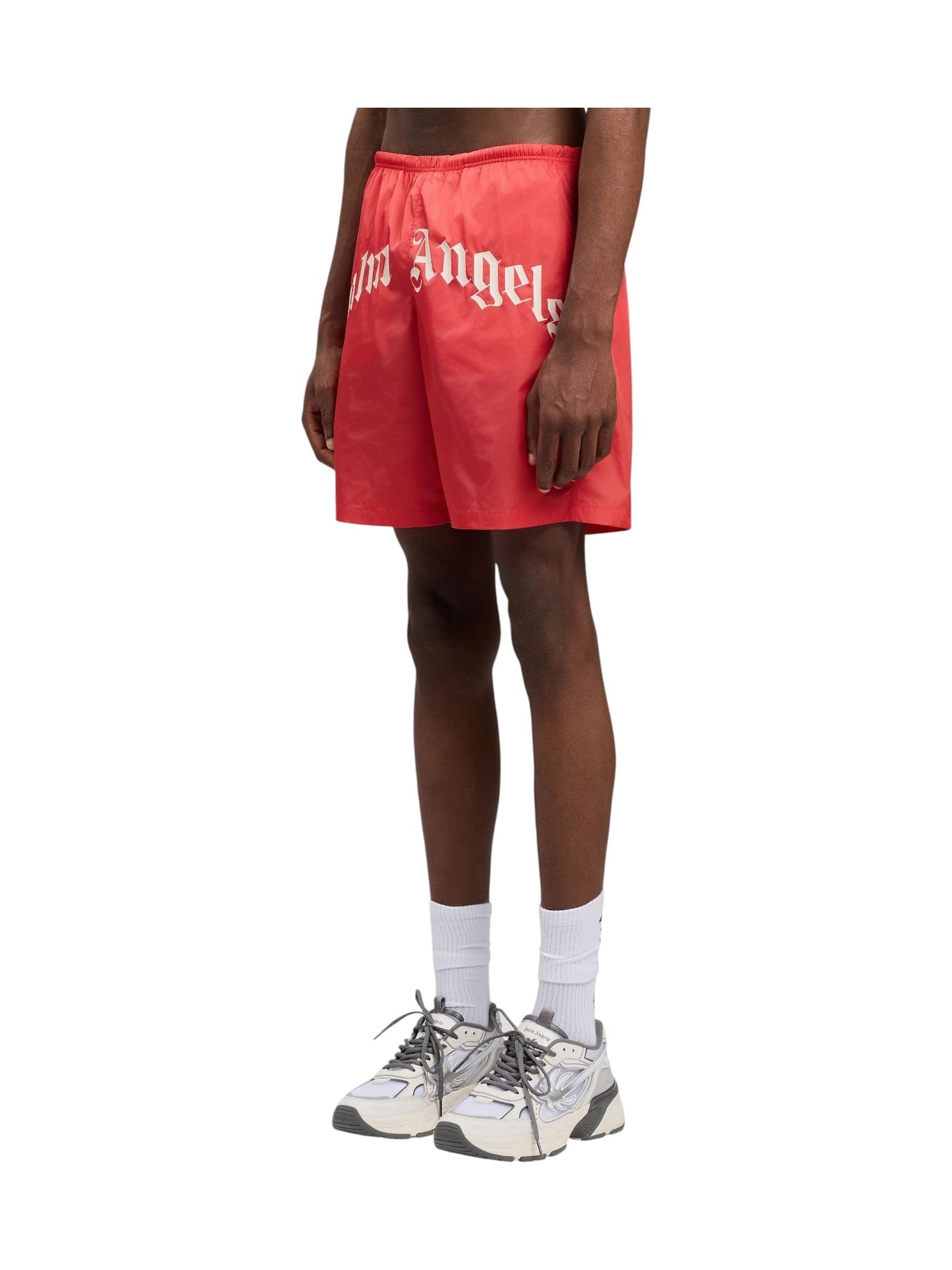 Palm Angels Curved Logo Swimshort Red Off White