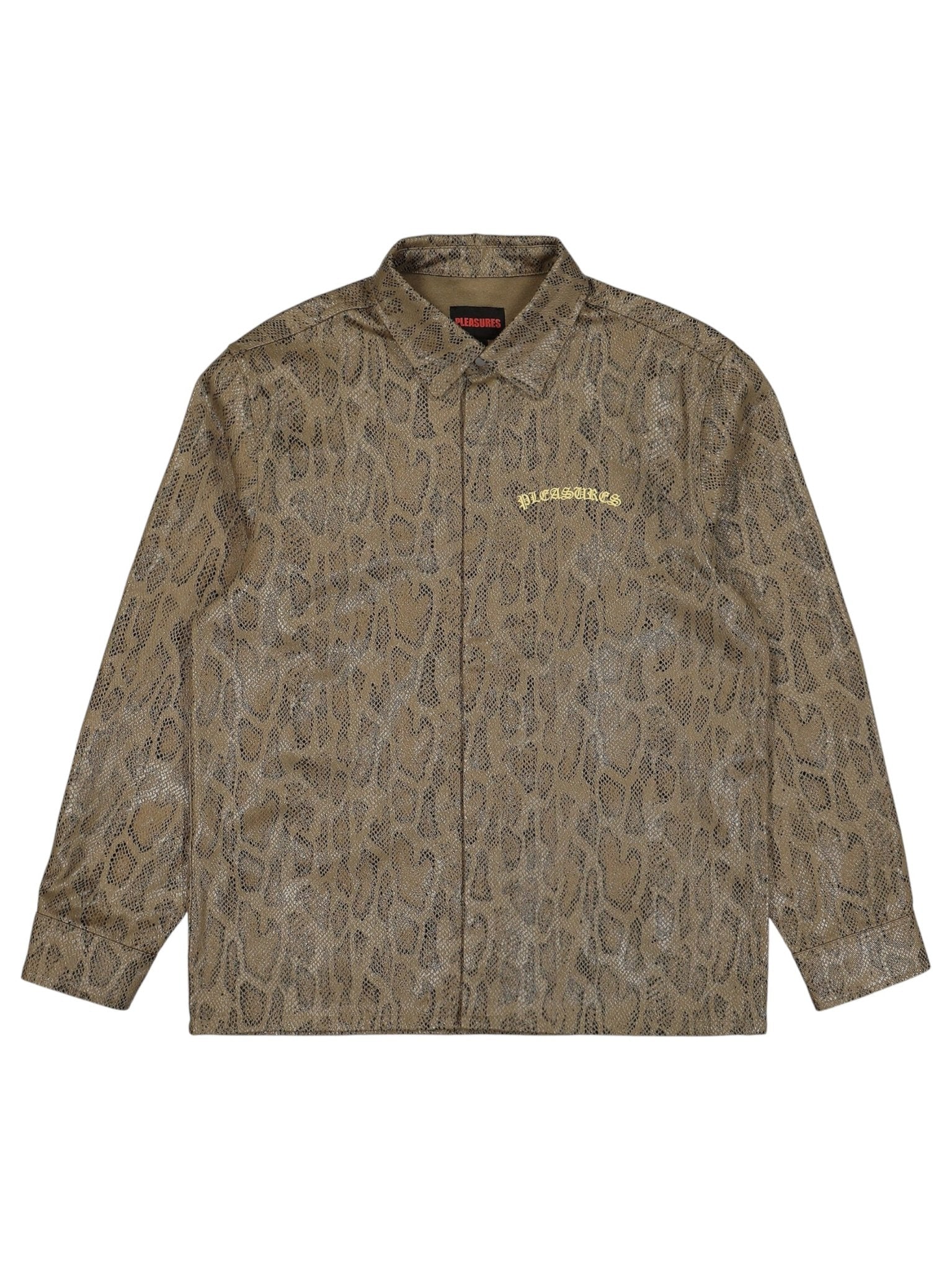 The PLEASURES Anaconda Overshirt Brw features a brown snakeskin-patterned design, long sleeves, and a small yellow embroidered logo on the chest, subtly echoing anaconda allure.