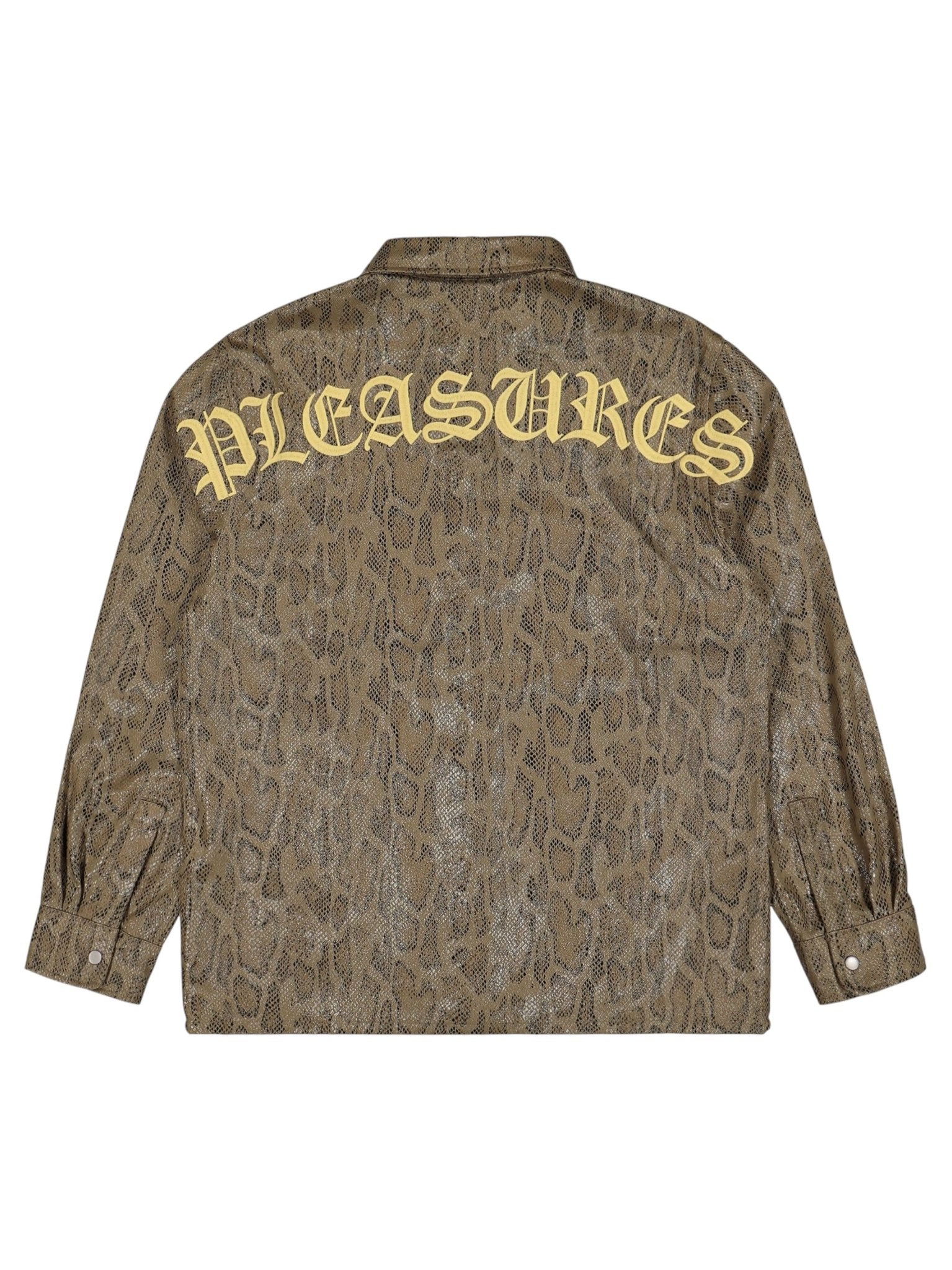 The Pleasures Anaconda Overshirt Brw features a brown anaconda-print design with "PLEASURES" in bold yellow letters across the upper back, creating a striking style.