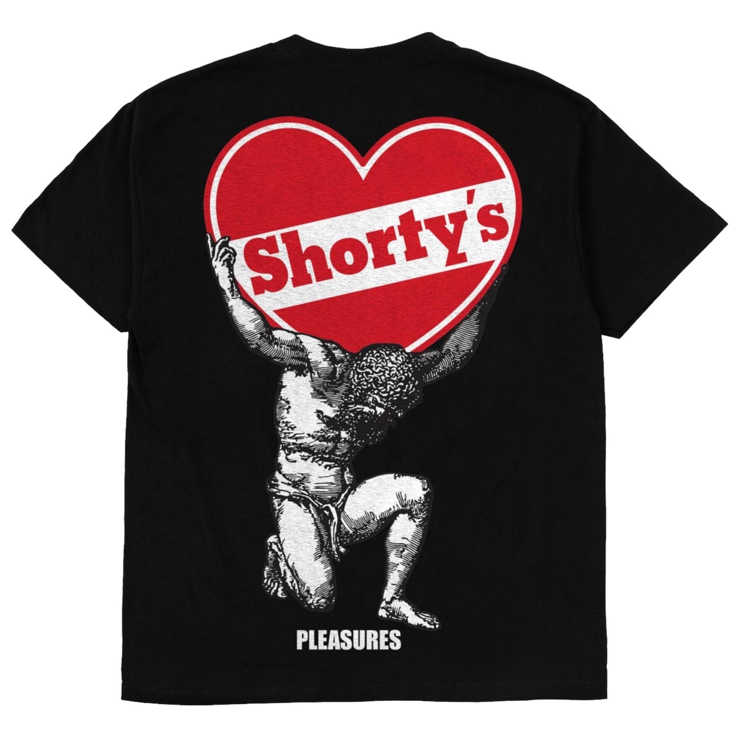 The PLEASURES ATLAS T-SHIRT BLACK features a striking illustration of a man carrying a large heart labeled "Shorty's," with "PLEASURES" written at the bottom. Made from 100% cotton, this t-shirt effortlessly combines comfort with style.