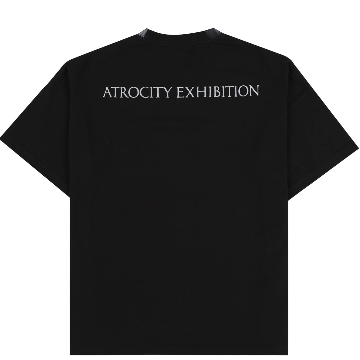 PLEASURES black cotton jersey t-shirt with the text "atrocity exhibition" printed on the back in white oversized plastisol letters.