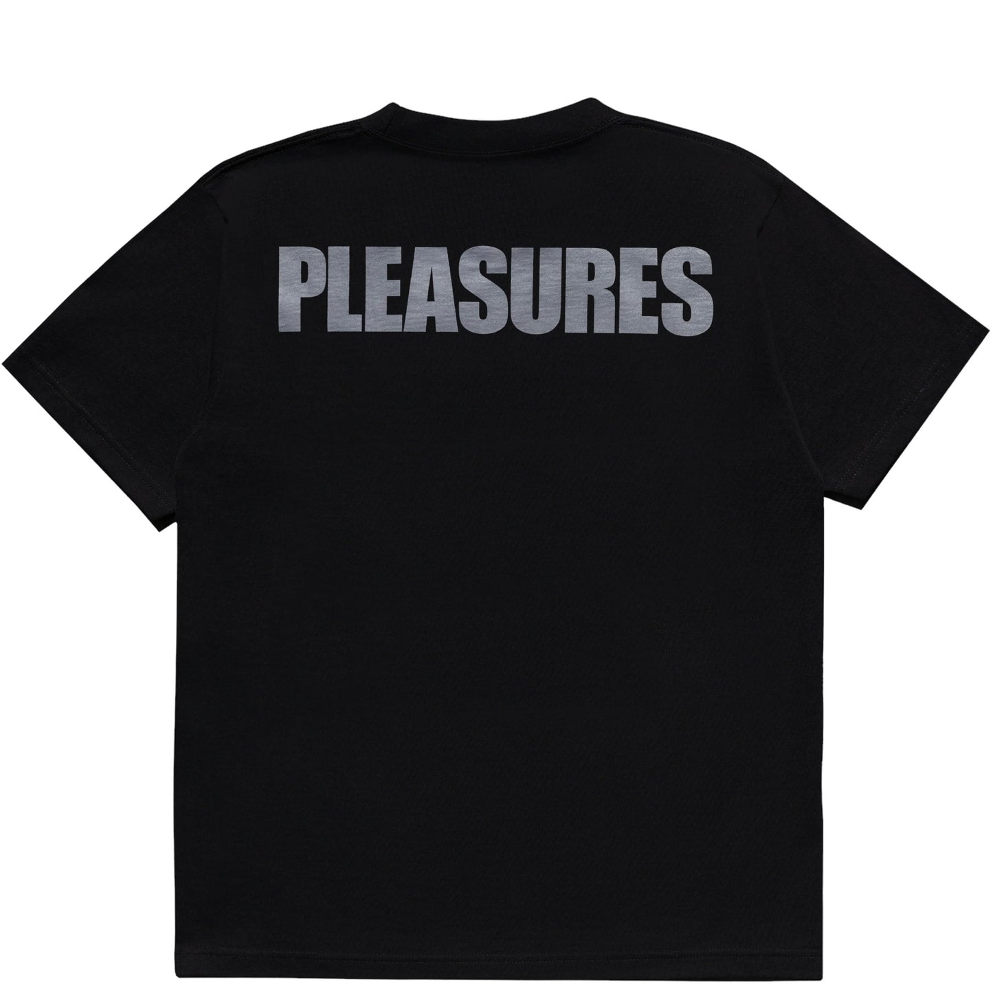 Black cotton PLEASURES BROKEN IN T-SHIRT BLK with the word "pleasures" screen printed in bold white letters on the back, part of an official collaboration with Joy Division.