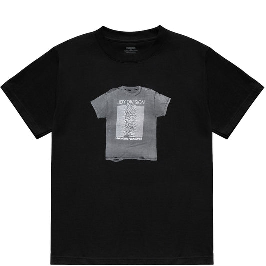 Black cotton t-shirt featuring an official collaboration PLEASURES "Unknown Pleasures" album cover screen printed graphic design.