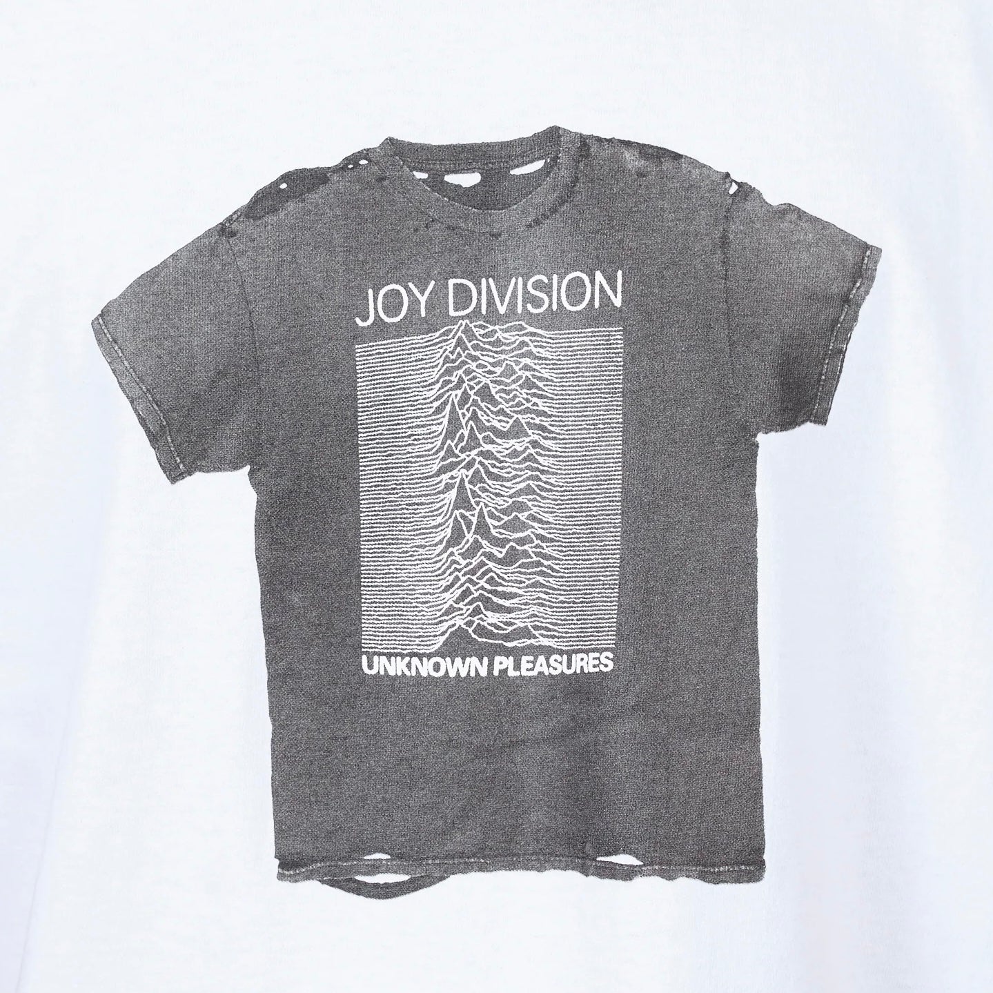 Gray cotton PLEASURES "unknown pleasures" t-shirt with distressed detailing on a white background.