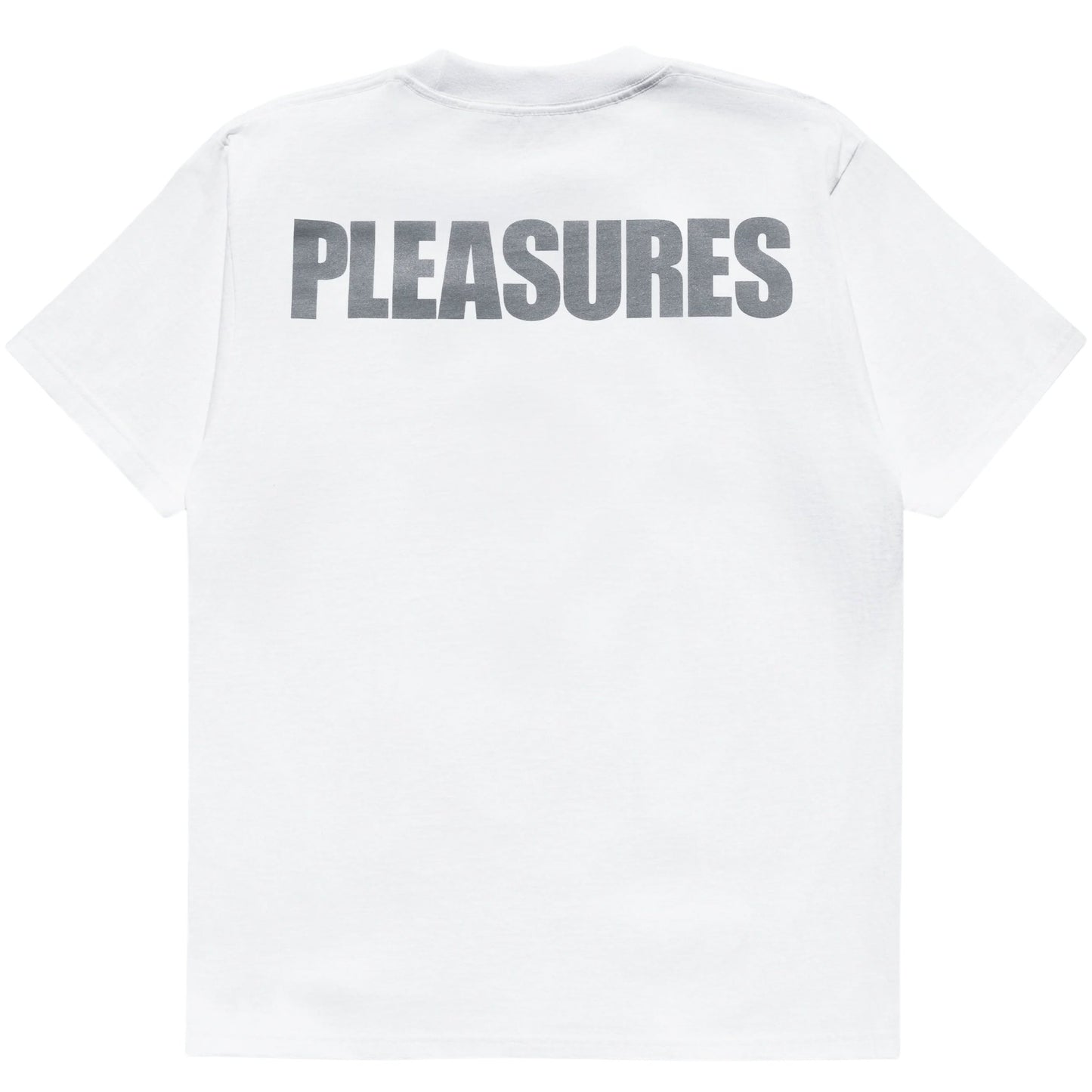 White cotton t-shirt with the word "PLEASURES" screen printed across the back in bold, capitalized letters, from the PLEASURES collaboration.