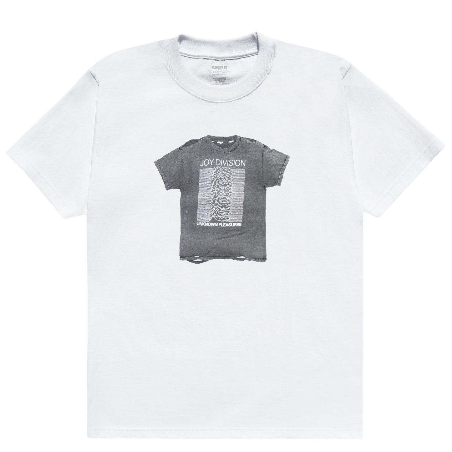 White cotton PLEASURES BROKEN IN T-SHIRT WHT with a screen-printed Joy Division band graphic print.