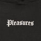 The Pleasures Burn Again Hoodie Black by PLEASURES features black cotton fabric with "Pleasures" in a white Gothic-style screen print.