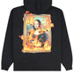The Pleasures Burn Again Hoodie in black by PLEASURES is made from a cozy cotton-polyester blend and features a screen-printed Mona Lisa painting engulfed in flames.