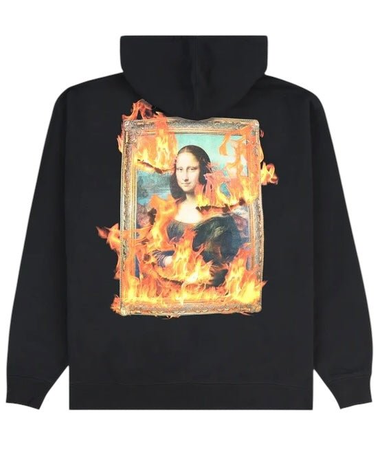 The Pleasures Burn Again Hoodie in black by PLEASURES is made from a cozy cotton-polyester blend and features a screen-printed Mona Lisa painting engulfed in flames.