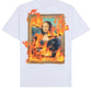 The Pleasures Burn Again T-shirt in white by PLEASURES showcases a boxy fit and features the Mona Lisa surrounded by illustrated flames for a bold, fiery effect.