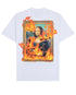 The Pleasures Burn Again T-shirt in white by PLEASURES showcases a boxy fit and features the Mona Lisa surrounded by illustrated flames for a bold, fiery effect.