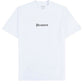 The Pleasures Burn Again T-shirt White by PLEASURES features a plain white, garment-dyed design with "Pleasures" printed in black Gothic font on the chest.