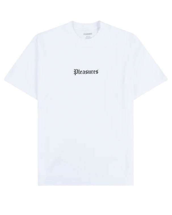 The Pleasures Burn Again T-shirt White by PLEASURES features a plain white, garment-dyed design with "Pleasures" printed in black Gothic font on the chest.