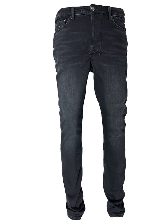 A pair of Ksubi Chitch Apex Krystal Black jeans by KSUBI, featuring a slim straight fit with crystal details, displayed against a white background.