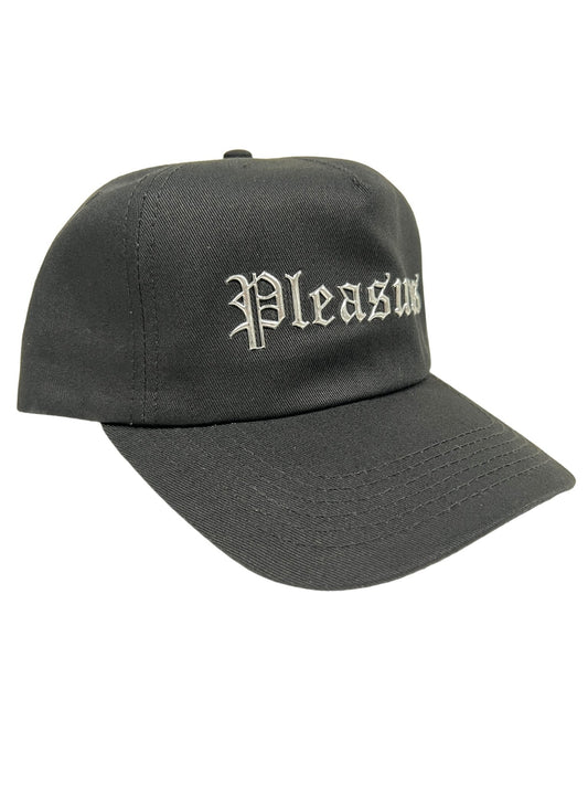 Black polyester & nylon PLEASURES CHROME SNAPBACK BLACK with the word "Pleasures" written in white Gothic font on the front.