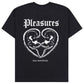 The Pleasures Connected T-shirt in Black by PLEASURES is crafted from soft cotton with "Pleasures" in Gothic font. It features two connected fetal images forming a heart and the uplifting message "love everybody," spreading love and positivity.