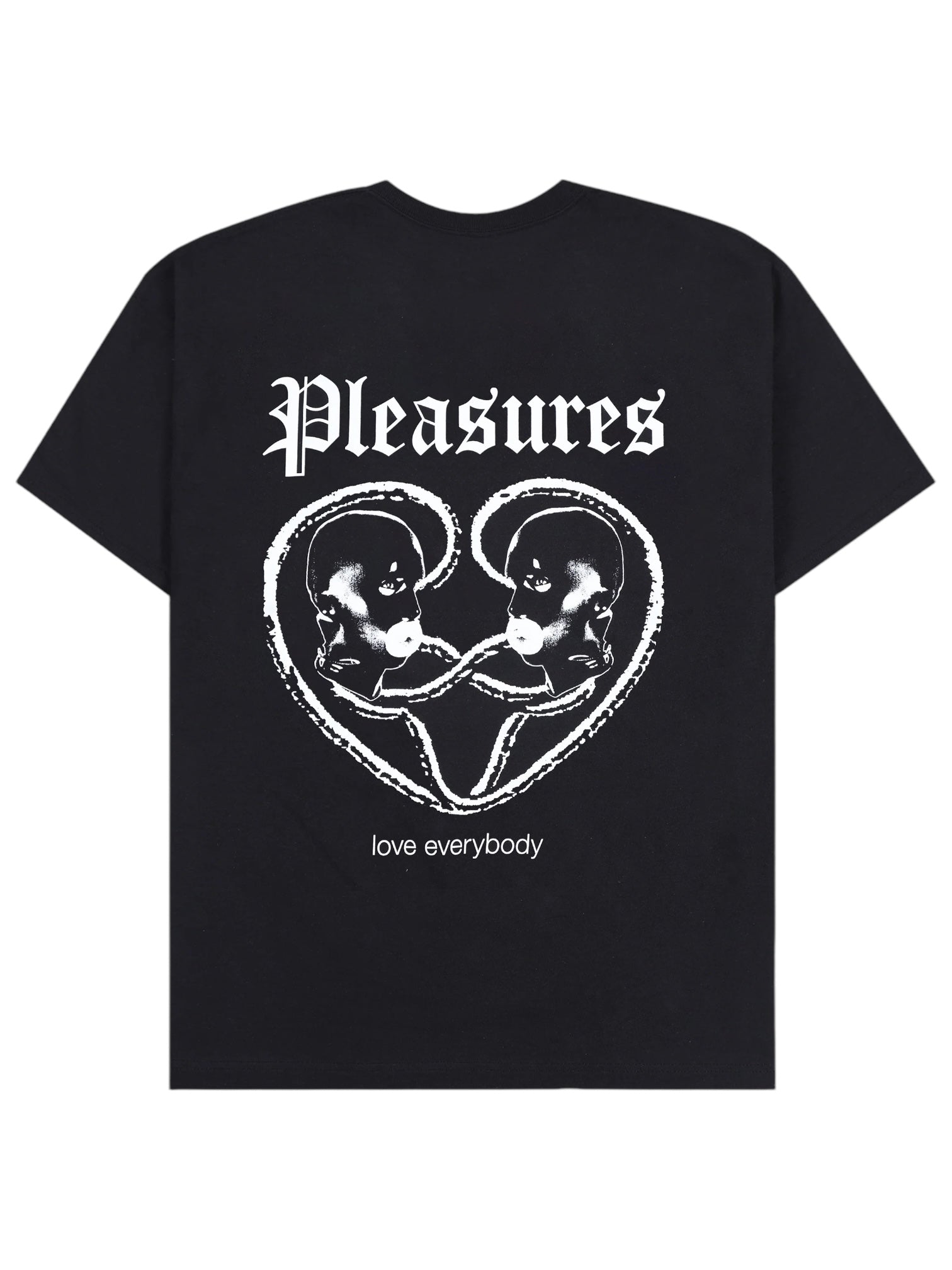 The Pleasures Connected T-shirt in Black by PLEASURES is crafted from soft cotton with "Pleasures" in Gothic font. It features two connected fetal images forming a heart and the uplifting message "love everybody," spreading love and positivity.