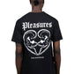 Someone sports a Pleasures Connected T-shirt in black, made from soft cotton. It features "love everybody," "Pleasures," and a white graphic of two faces facing each other, exuding love and positivity.