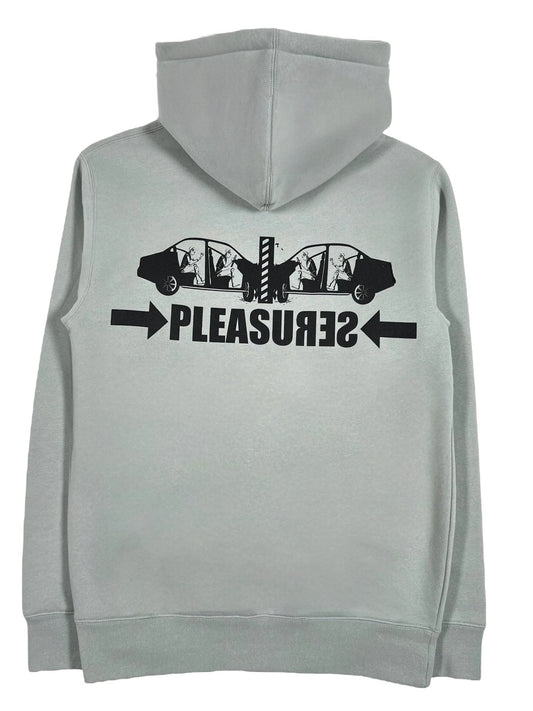 The Pleasures Crash Hoodie Sage by PLEASURES is a gray hoodie made from soft cotton, showcasing a screen-printed black car with open doors and the mirrored word "PLEASURES" below.