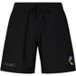 The Pleasures Crush Hiking Shorts Black by PLEASURES are nylon shorts with an elastic waistband, "PLEASURES" text on the left leg, and a small helmet graphic on the lower right leg.