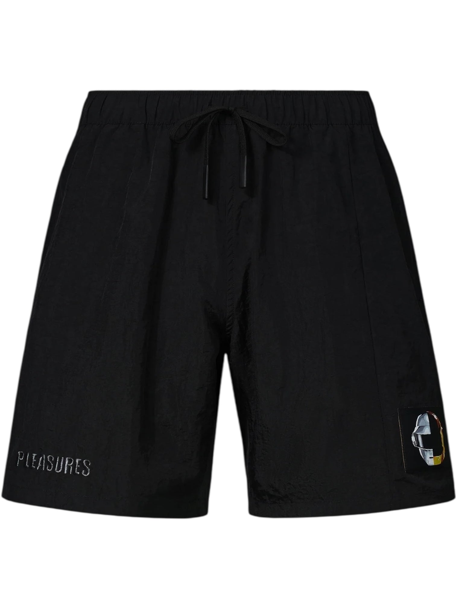 The Pleasures Crush Hiking Shorts Black by PLEASURES are nylon shorts with an elastic waistband, "PLEASURES" text on the left leg, and a small helmet graphic on the lower right leg.