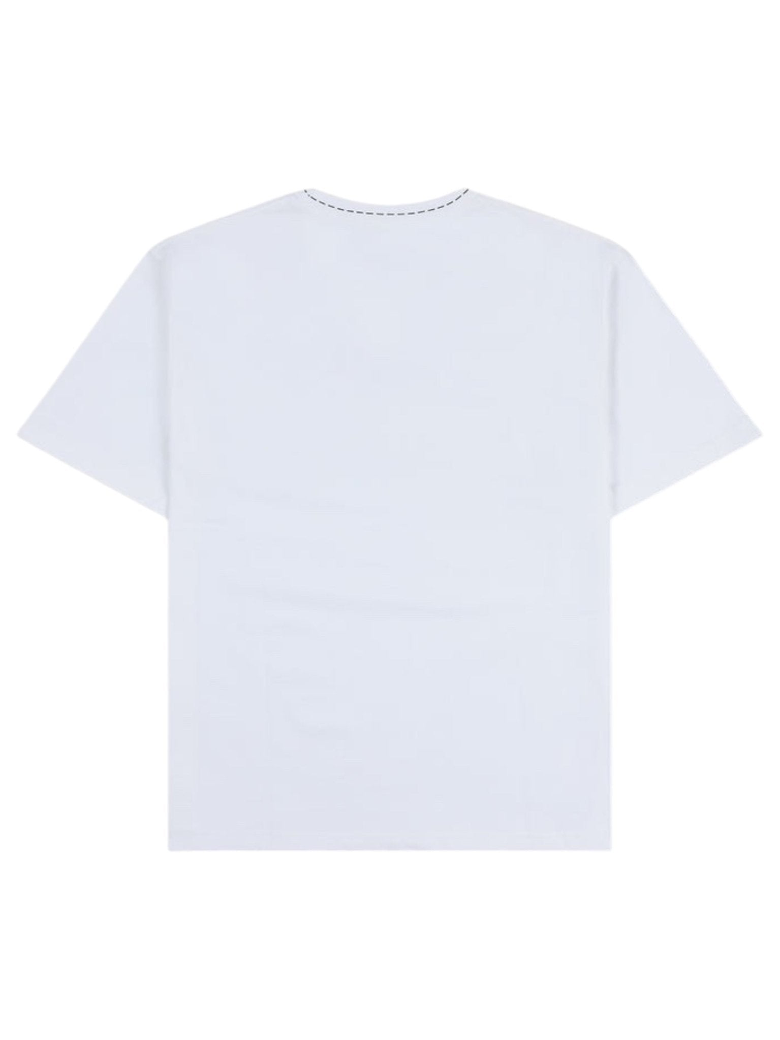 The PLEASURES Cut Here Heavyweight T-Shirt Wht is shown from the back, with a straight hem and classic crew neck. Made from 100% cotton and enzyme washed for extra softness.